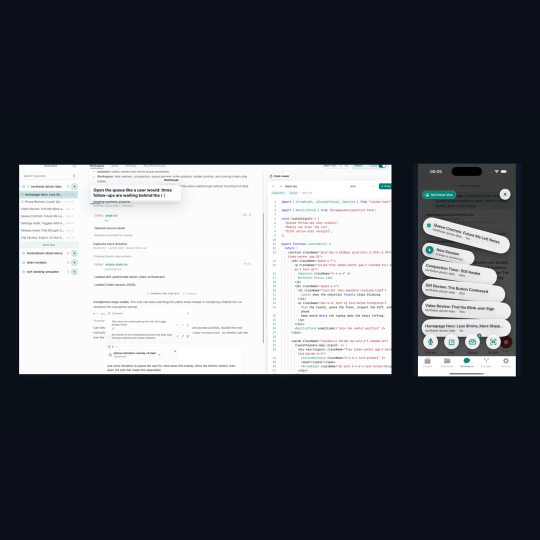 PlanToCode desktop and mobile companion shown side by side.