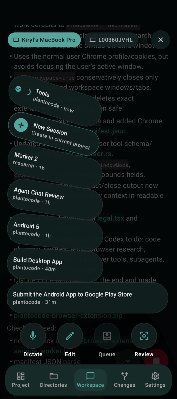 PlanToCode Android app showing run controls for a paired desktop.