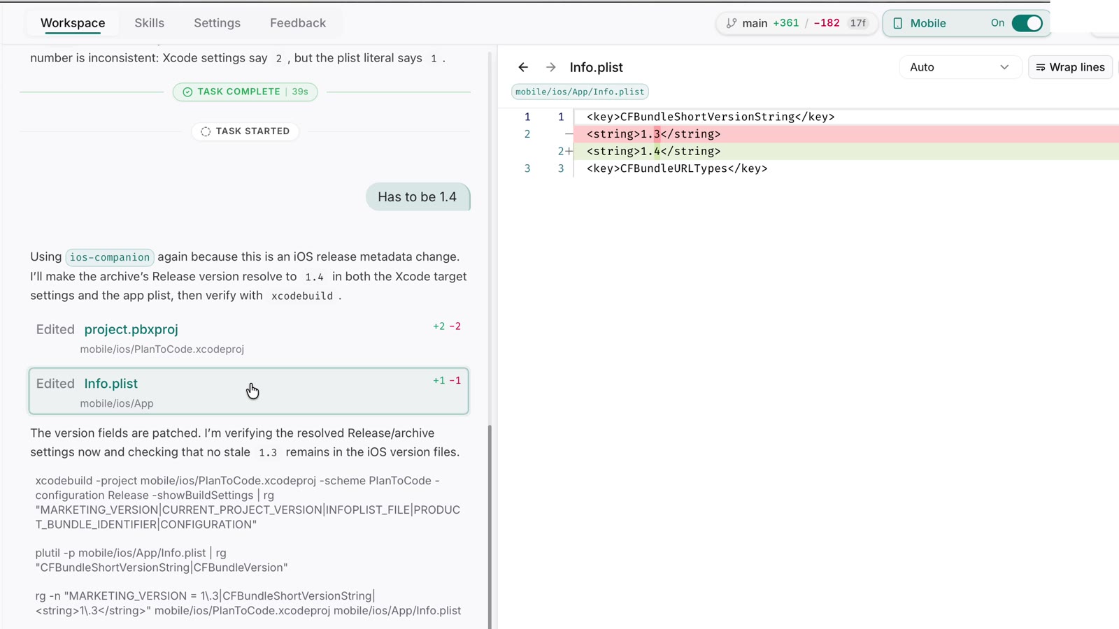 PlanToCode desktop showing a Codex session with a file diff open beside the chat timeline.