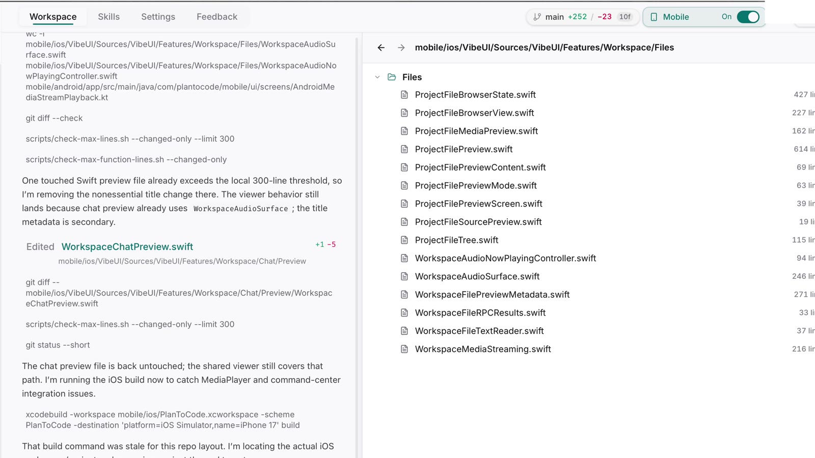 PlanToCode desktop showing source files open in the viewer beside the session timeline.