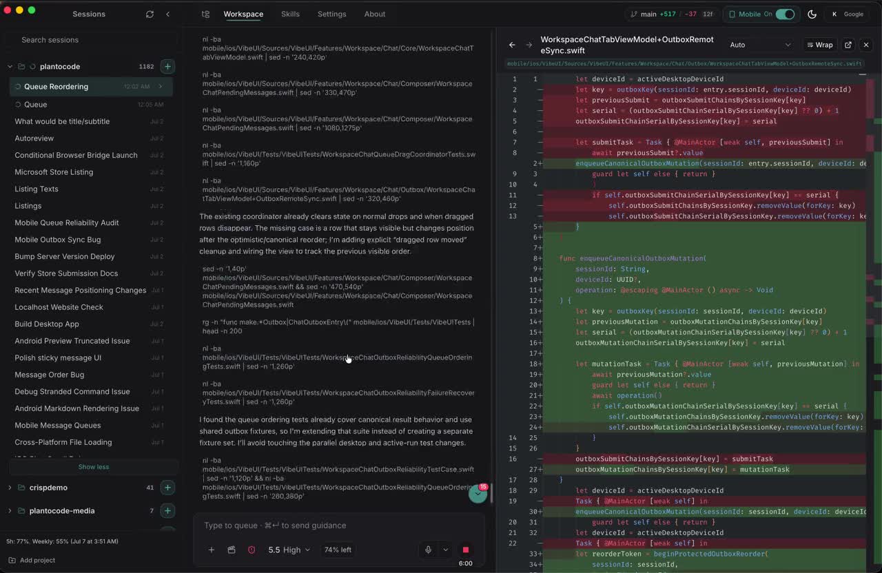 PlanToCode desktop showing chat beside a changed Swift file.