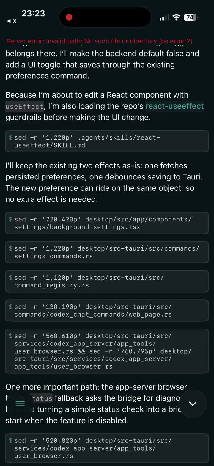 PlanToCode iPhone app showing output from a paired desktop.