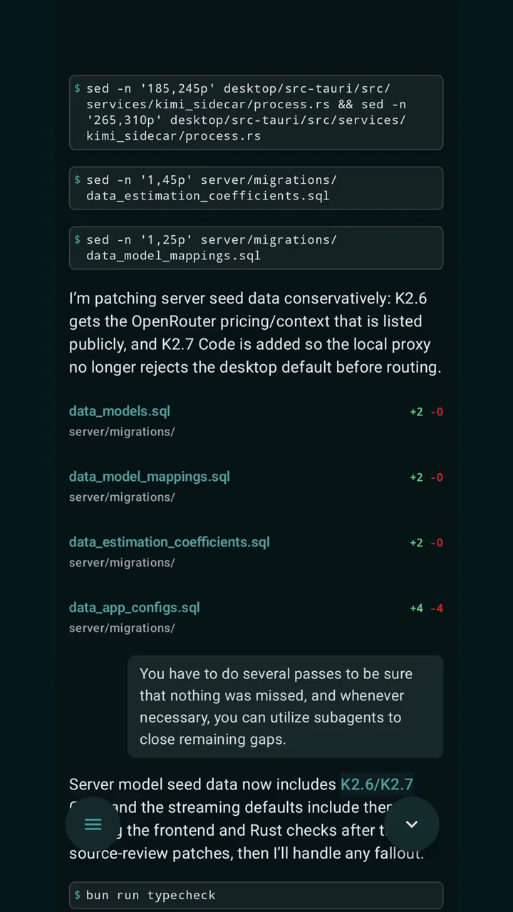 PlanToCode Android app showing reviewed source changes from a paired desktop.