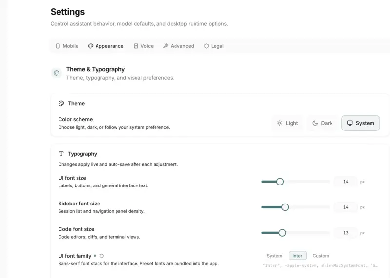 PlanToCode appearance settings with theme and typography controls.