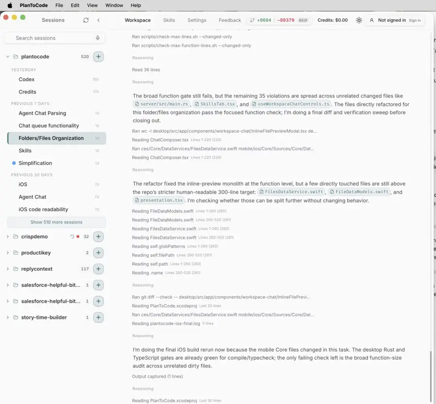 PlanToCode desktop workspace with project sessions, Codex reasoning, and a prompt composer.