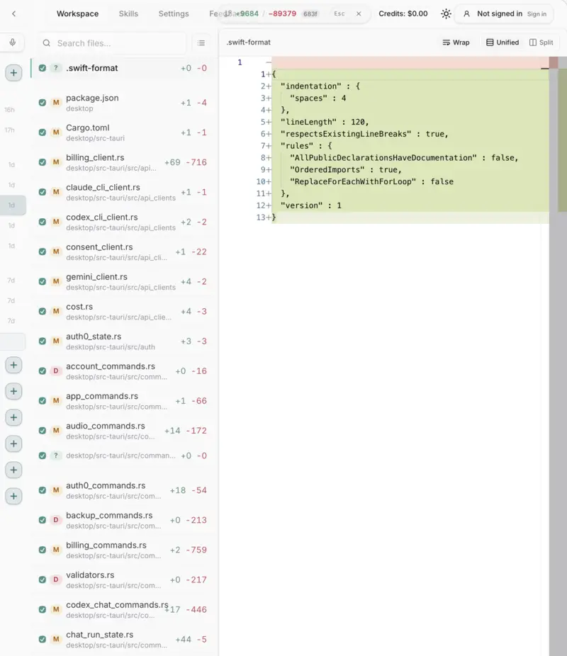 PlanToCode git review screen with changed files and an inline diff.
