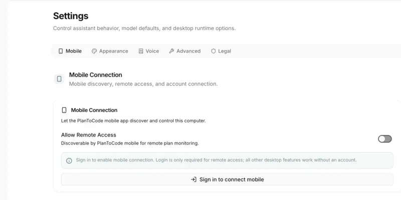 PlanToCode mobile connection settings for allowing remote desktop access.