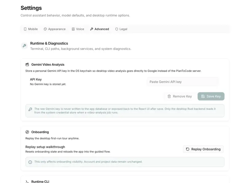 PlanToCode advanced settings with video analysis, onboarding, CLI, and diagnostics controls.