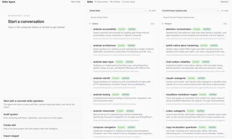 PlanToCode skills screen with global skills, current project skills, and workspace chat.
