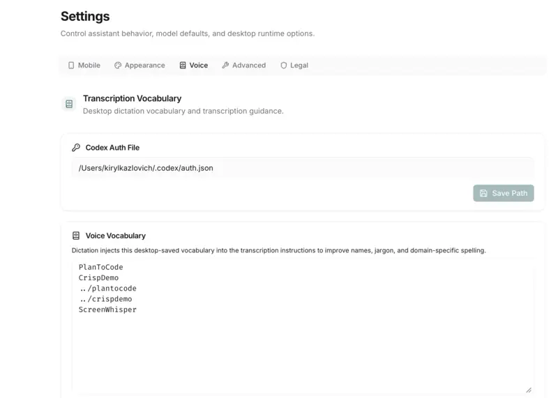 PlanToCode voice settings with a vocabulary list for transcription guidance.